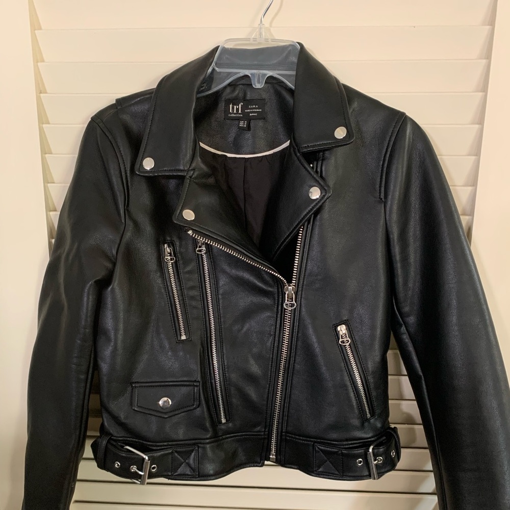 Zara TRF collection black faux leather moto jacket size M EUC